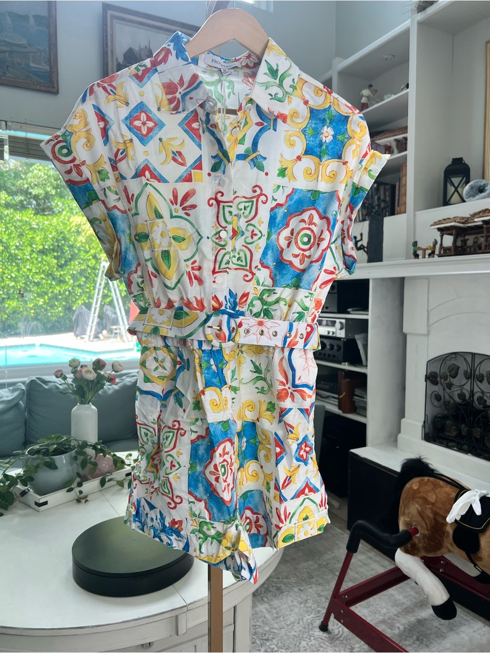 Prosperina Linen Multicolor Tile-Print Belted Cotton Romper